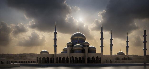 Banner da Mesquita Islâmica Masjid para o Ramadã Eid Mubarak Saudações Ramzaan Ilustração Generativa AI