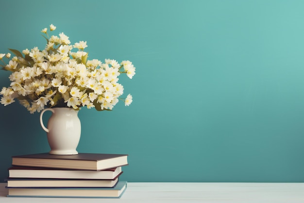 Banner da Web apresentando uma pilha de livros e um vaso de flores com espaço para texto