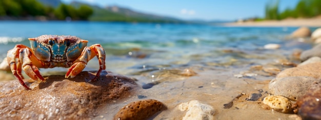 Banner da Web com um caranguejo em uma praia rochosa de um mar quente com espaço livre para publicidade