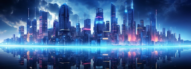 Banner da Web da cidade com arranha-céus compostos de néon brilhante