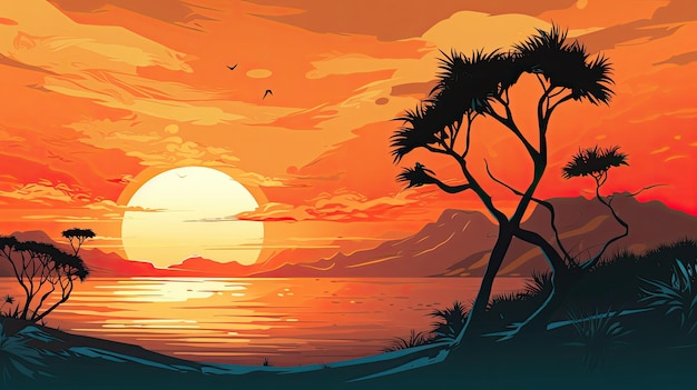 Banner da Web de ilustração do pôr do sol com espaço de cópia IA generativa