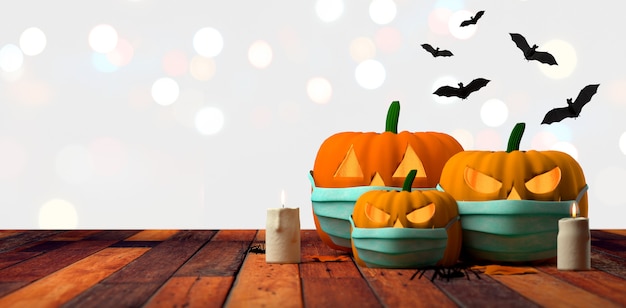 Foto banner de abóbora com máscara cirúrgica safe halloween copy space