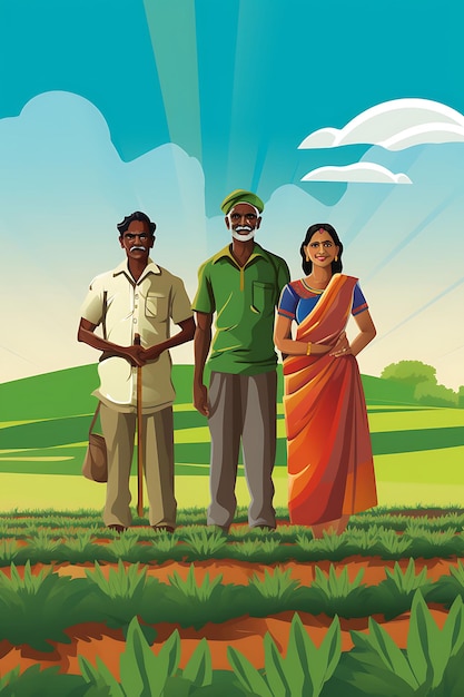 Banner de agricultores indianos em um campo içando a bandeira nacional com um Flat 2D Design Art Creative