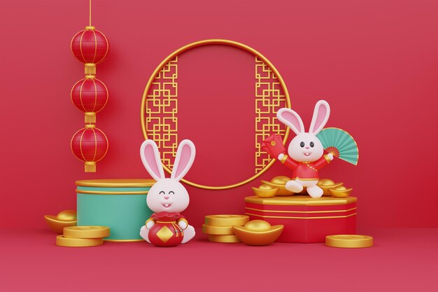 Banner de ano novo chinês 3D coelho fofo segurando bolsa de fortuna com dinheiro de ouro de riqueza e lanternas festivas Festivais chineses Lunar CYN 2023 Ano da renderização em 3d do coelho