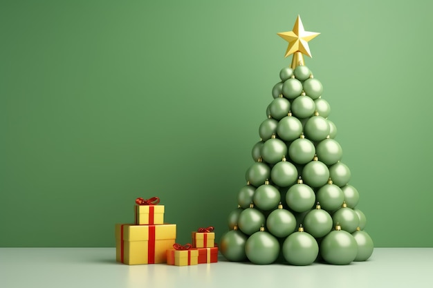 Banner de ano novo com árvore de Natal criativa de bolas verdes em fundo com espaço de cópia