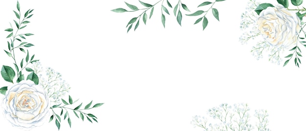 Foto banner de aquarela de casamento rústico rosas cremosas brancas gypsophila verde isolada em fundo branco