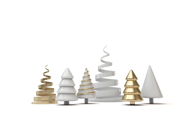 Banner de árvore de natal mínimo festivo com renderização de formas douradas e brancas