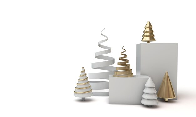Banner de árvore de natal mínimo festivo com renderização de formas douradas e brancas
