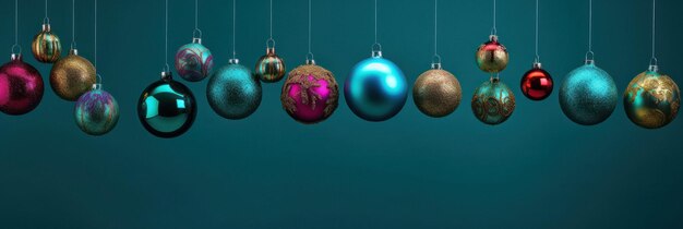 Foto banner de bolas de natal coloridas e festivas em fundo turquesa brilhante