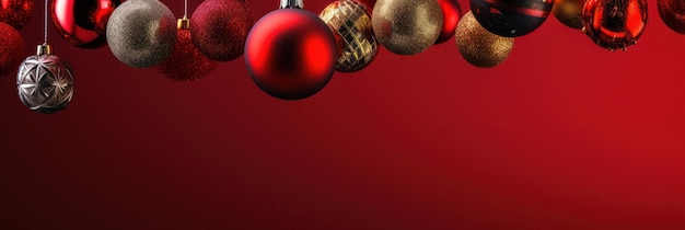 Banner de bolas de Natal coloridas e festivas em fundo vermelho