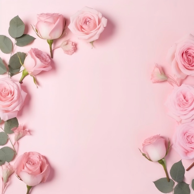 Banner de Bouquet moldura de belas rosas cor-de-rosa em fundo rosa pálido gerar ai