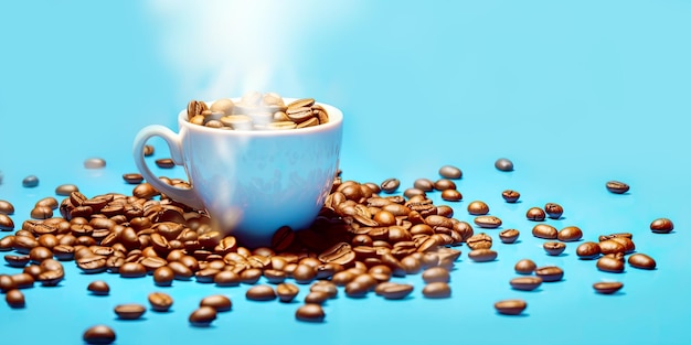 Banner de café com grãos de café arábica torrados naturais em xícara com vapor sobre fundo azul brilhante