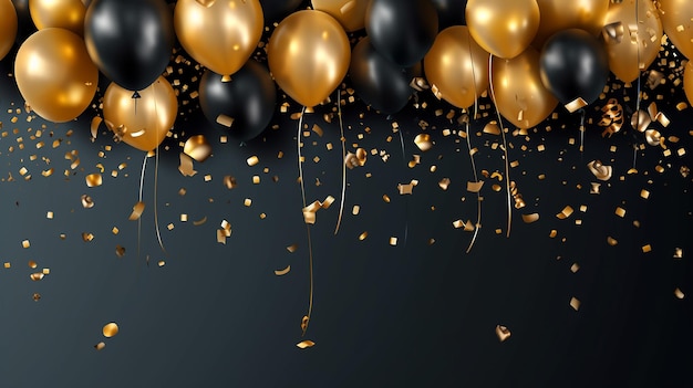 Banner de celebração com confete dourado e balões Generative AI