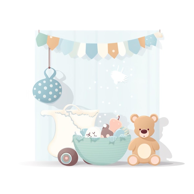 Banner de chá de bebê com foguete de desenho animado e balões
