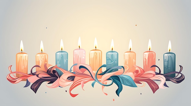 Banner de chamas de velas entrelaçadas com fitas e arcos Candelabros de cores pastel Natal Desenhos planos 2D