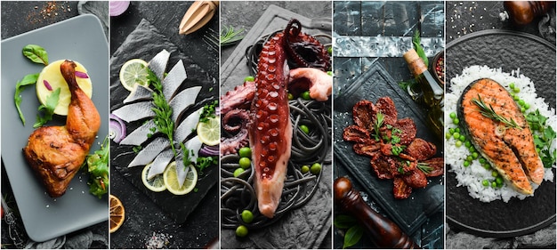 Banner de comida conjunto de pratos na mesa cozinhas tradicionais do mundo vista superior