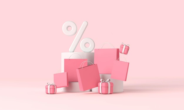 Banner de desconto de compras online com sacos de papel e presentes 3d rendering