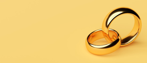 Banner de dois anéis de ouro de casamento estão um sobre o outro com renderização 3d de fundo de espaço em branco