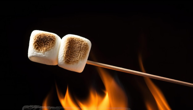 Banner de dois marshmallows em um bastão assado sobre a fogueira