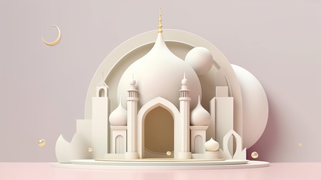 Banner de feriado islâmico 3D com um pódio com uma lua metálica de lanterna do Ramadã e portal de mesquita