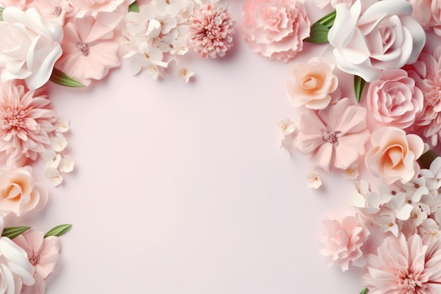 Banner de flores extravagantes em flores de primavera em fundo rosa blush modelo de cartão de felicitações versátil