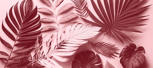 Banner de folhas tropicais em tons de rosa rosa fundo mínimo e criativo generative ai