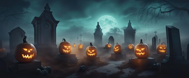 Banner de fundo da noite de Halloween com um cemitério e abóboras e lua altamente detalhada e realista