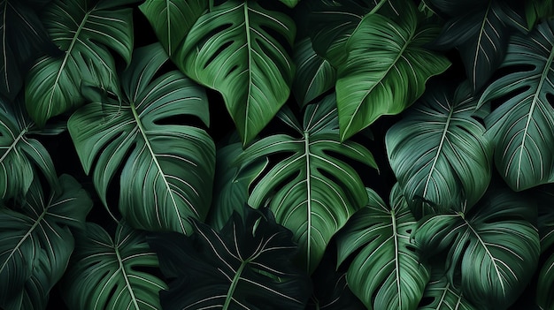 Banner de fundo de folhas tropicais com padrão floral verde Generative AI