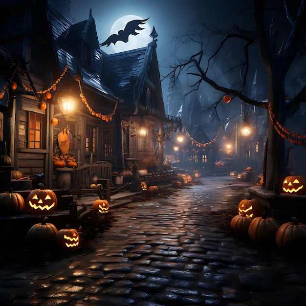 Banner de fundo de Halloween Uma casa assombrada com morcegos e aranhas