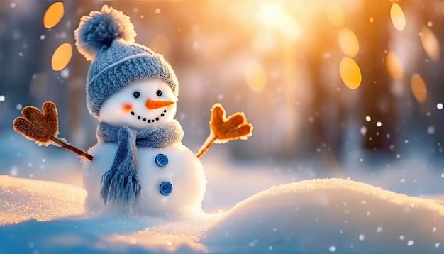 Banner de fundo de Natal de Inverno com um close de um bonito e engraçado boneco de neve adornado com um chapéu de lã e um lenço A paisagem de neve é iluminada pelo caloroso brilho da luz Bokeh