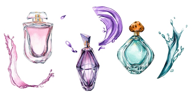 Banner de garrafas de perfume com ilustração em aquarela de respingos de água isolada