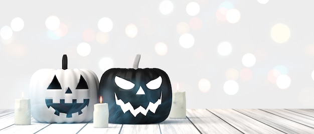 Banner de Halloween com abóboras jack o lantern preto e branco com velas na superfície de madeira