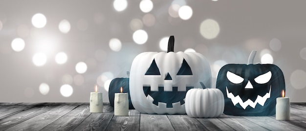 Banner de Halloween com abóboras jack o lantern preto e branco com velas na superfície de madeira