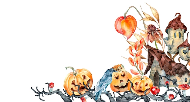 Foto banner de ilustração colorida em aquarela de halloween isolada no fundo branco