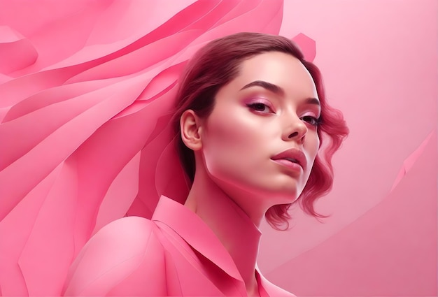 Foto banner de menina bonita com fundo de retrato rosa abstrato com maquete de moda de texto em espaço de cópia