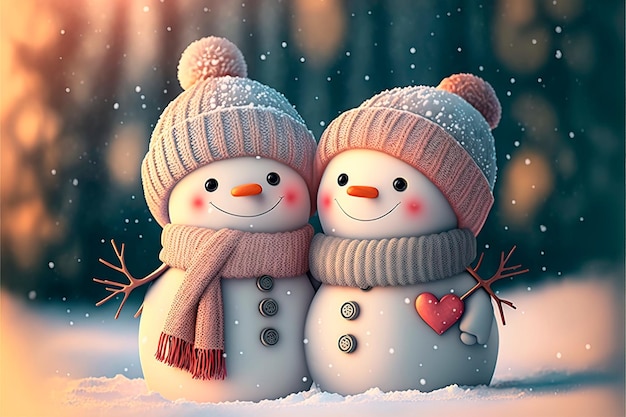 Banner de Natal com boneco de neve Saudação de ano novo Dois bonecos de neve de mãos dadas ao ar livre