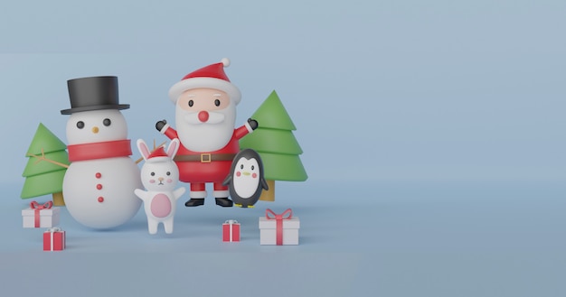 Banner de Natal com Papai Noel bonitinho, boneco de neve, pinguim e coelho.
