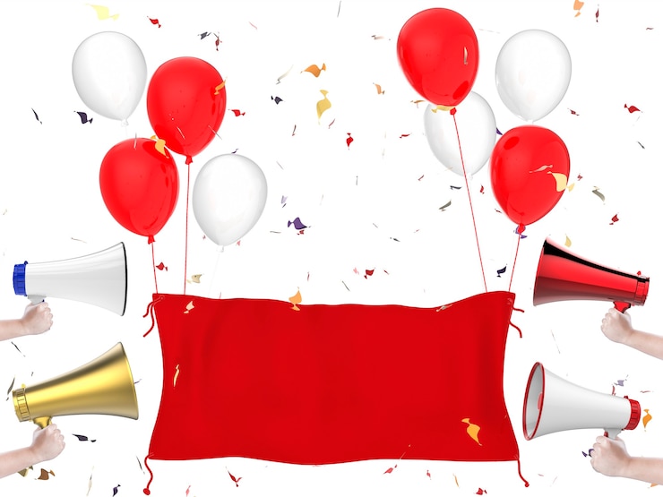Foto banner de pano vermelho de renderização 3d, megafones, balões vermelhos e confetes