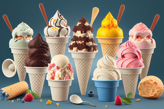 Banner de panorama com uma grande variedade de sorvete Generative Ai