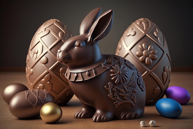 Banner de Páscoa 3D com coelhos de chocolate e lindos ovos pintados. Conceito de caça aos ovos de Páscoa