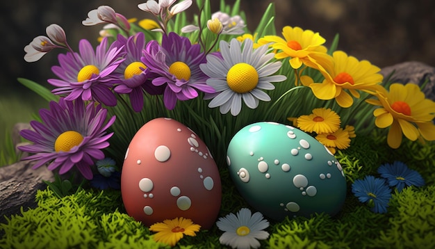 Banner de Páscoa ovos coloridos e flores de primavera IA generativa