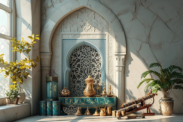 Banner de pódio de estilo islâmico 3d para exibição de produtos Composição de decoração de porta árabe