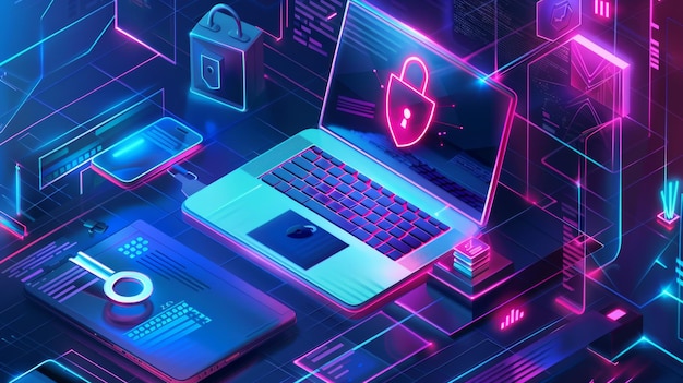 Foto banner de proteção de dados conceito gdpr página de chegada moderna que retrata a segurança digital de dados pessoais segurança de informações confidenciais com escudo e chave isométrica de laptop