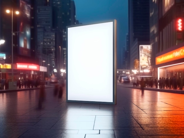 Banner de publicidade branco brilhante em branco na maquete de rua da cidade à noite Generative AI