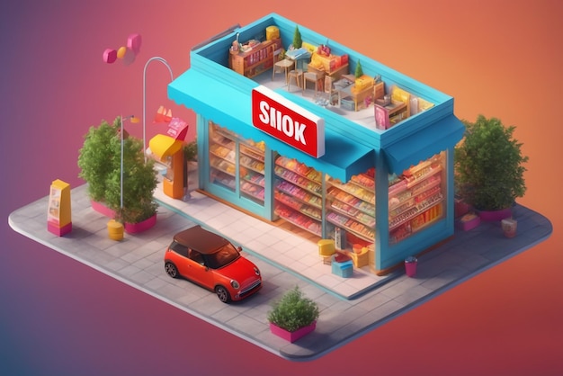 Banner de renderização 3D da Mini Store Conceito de compras on-line em fundo colorido