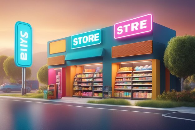 Banner de renderização 3D da Mini Store Conceito de compras on-line em fundo colorido