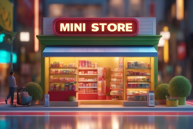 Banner de renderização 3D da Mini Store Conceito de compras on-line em fundo colorido