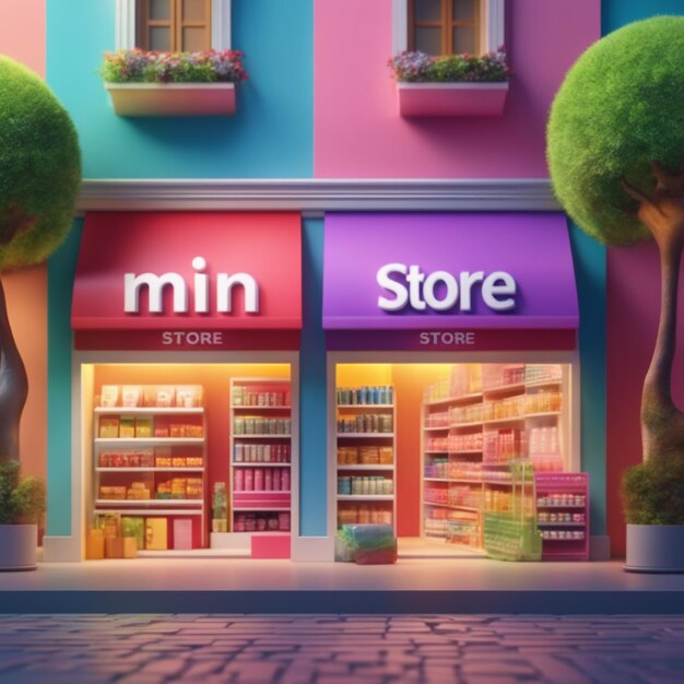 Banner de renderização 3D da Mini Store Conceito de compras on-line em fundo colorido