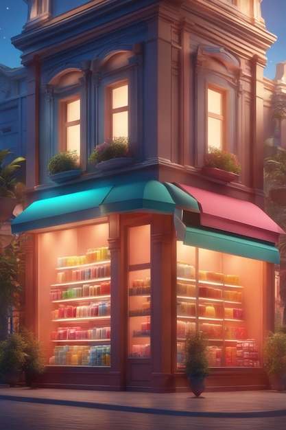 Foto banner de renderização 3d da mini store conceito de compras on-line em fundo colorido