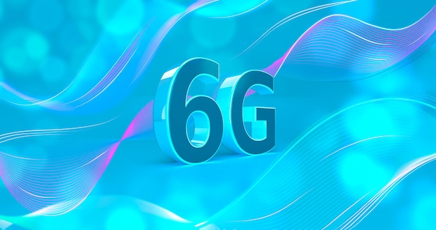 Banner de renderização 3D para publicidade de conexão 6g em um fundo azul e linhas rosa e azuis